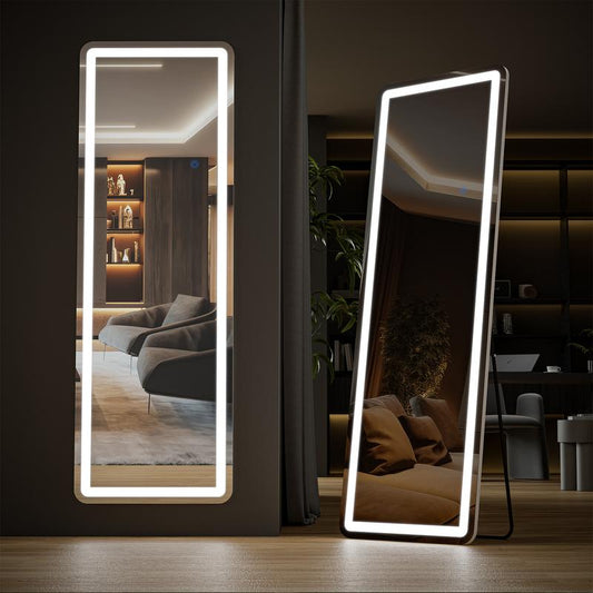 Full Length Mirror with LED Lights, 64"X21" Lighted Floor Standing Mirror with Stand Decor